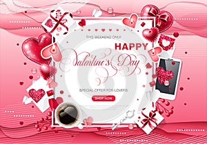 Valentine day love cup coffee lettering web brochure flyer for advertising sale party design element wooden background