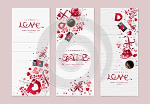 Valentine day love cup of coffee lettering web set kit brochure flyer for advertising sale party design element