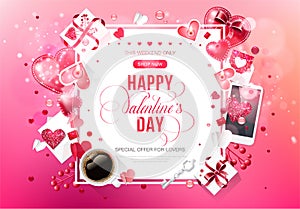 Valentine day love lettering bokeh web brochure flyer cup coffee for advertising sale party design element wooden