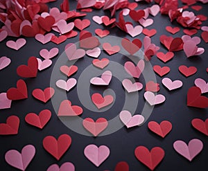 Valentine Day, love paper red heart flying on dark background