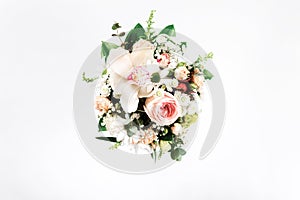 Valentine Day or Mother Day concept. Flower bouquet on white background. Flat lay, top view floral