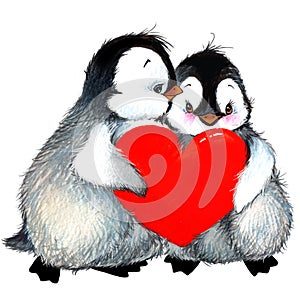 Valentine day penguin, red heart. watercolor illustration