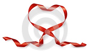 Valentine Day realistic heart from red silk ribbon vector on white background for greeting card for wedding