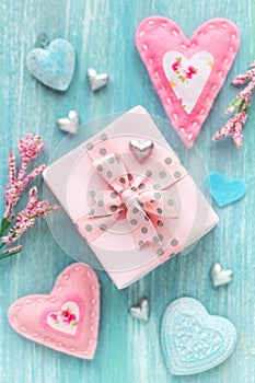 Valentine day romantic background with present and hearts