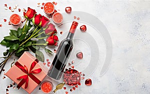 Valentine day romantic background, Valentine's day greeting card with red roses, gift box and wine bottle on white background, To