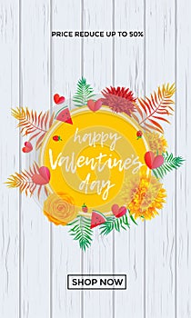 Valentine Day sale banner design template. Vector hearts, yellow flowers and palm leaf or berry pattern on white wooden background