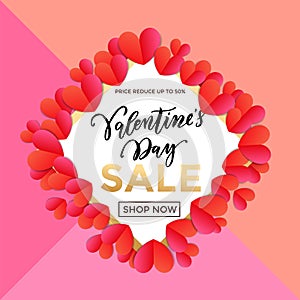 Valentine Day sale banner or poster design template. Vector golden glitter text and heart pattern on pink background for Valentine