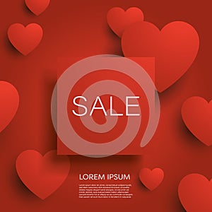 Valentine day sale banner or poster vector background with red 3d hearts and badge for your text. Special offers, best