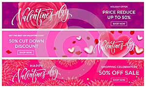 Valentine Day sale banners design template. Vector red heart on pink flowers background for Valentines fashion shopping season sal