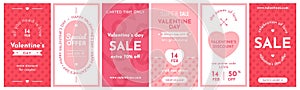 Valentine day sale banners. Love cards, holiday discounts, red hearts, romantic gifts vouchers, advertising shopping