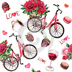 Valentine day seamless pattern. Vintage bicycle with red roses bouquets, hearts, chocolate candies, strawberries, wine