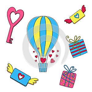 Valentine day set. A gift box with a bow, a key to the heart, a striped hot air balloon surrounded by hearts, winged