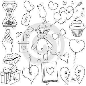 Valentine day. Sketch. Set of vector illustrations. Doodle style. Love collection. Goby, hourglass, love, Korean heart, arrow.