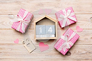 Valentine Day theme with wooden block calendar. Greeting card template for Valentines Day copy space for text