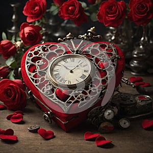 Valentine day, with vintage alarm clock and red roses
