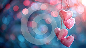 Valentine day wallpapers hd. Pink hearts hanging from a string on a blurred background