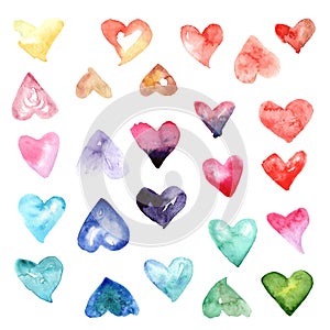 Valentine day watercolor hearts, 25 different hearts, set