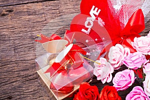 Valentine decoration, chocolate box, roses, heart and love word