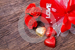 Valentine decoration, heart shaped chocolate, roses, heart
