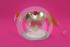 Valentine dinner gold heart in a plate, 3D render