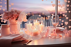 Valentine dinner setup mockup with romantic pastel-colored lights