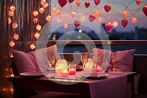 Valentine dinner setup mockup with romantic pastel-colored lights