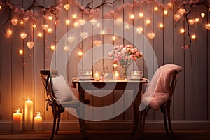 Valentine dinner setup mockup with romantic pastel-colored lights