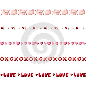 Valentine elements border set with shot through the heart, red and pink heart, love letter, cupid bow, ox and love text cartoon