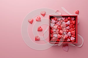 Valentine gift box with red box and heart shape on pink background