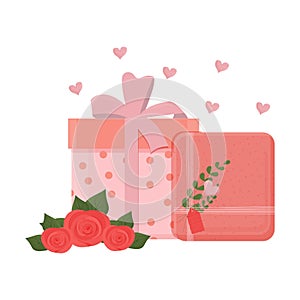 Valentine gift boxes, presents with bouquet of roses, elegant composition isolated on white background. Wedding, romantic cute