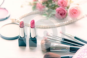 Valentine Gift. Makeup cosmetics tools background and beauty cosmetics, products