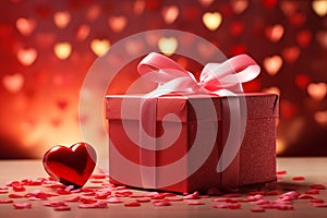 Valentín kabica ružový stuha medzi srdce konfety 