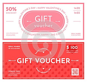 Valentine gift voucher. Romantic flyers templates, love holiday, pink and red discount coupons and certificates