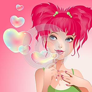 Valentine girl with heart bubbles