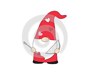 Valentine gnome in red costume holds a bow and an arrow in his hands