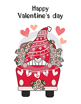 Valentine Gnome in red flower truck with heart I Love You flag, cute cartoon flat vector clip art idea for Valentine card,