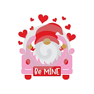 Valentine Gnome on a Truck with Hearts Vector Illustration