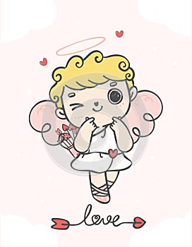 Valentine greeting card with cute happy smile cupid curly hair boy flying with arrow cartoon hand drawing doodle vector