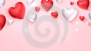 Valentine greeting card with heart and particle on pink background with copyspace