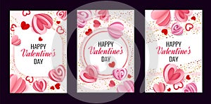 Valentine greeting card. Romantic posters with paper cut hearts and golden confetti. Traditional February holiday