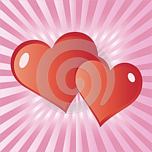 Valentine greeting card with two hearts on pink rays.