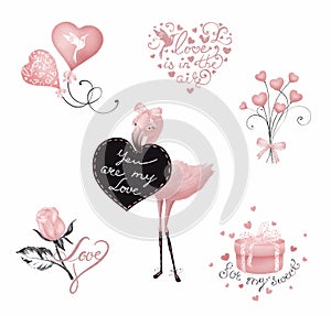 Valentine hand drawn vintage floral love set. Watercolor fashion clip art. Stickers collection