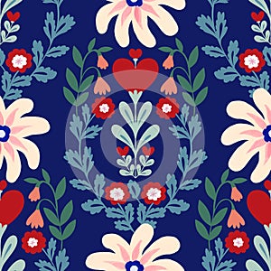 Valentine heart botanical seamless pattern inspired by traditional folk art embroidery designs textile or farbic print ornament