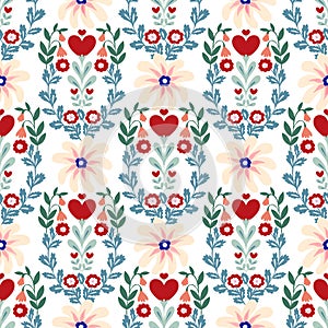 Valentine heart botanical seamless pattern inspired by traditional folk art embroidery designs textile or farbic print ornament