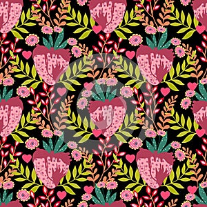 Valentine heart botanical seamless pattern inspired by traditional folk art embroidery designs textile or farbic print ornament