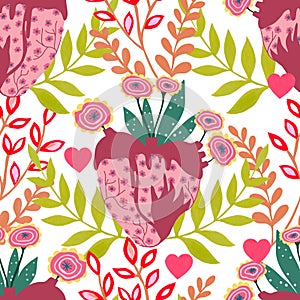 Valentine heart botanical seamless pattern inspired by traditional folk art embroidery designs textile or farbic print ornament