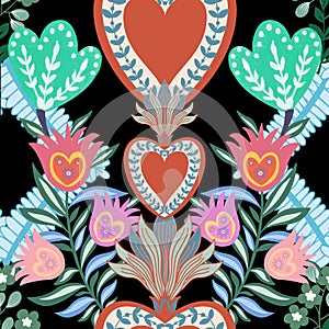 Valentine heart botanical seamless pattern inspired by traditional folk art embroidery designs textile or farbic print ornament