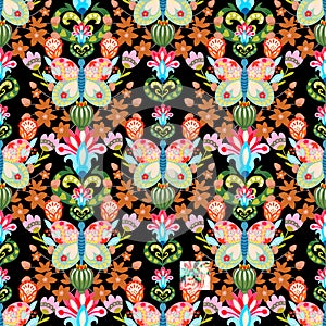 Valentine heart botanical seamless pattern inspired by traditional folk art embroidery designs textile or farbic print ornament