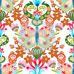 Valentine heart botanical seamless pattern inspired by traditional folk art embroidery designs textile or farbic print ornament