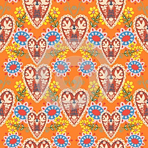 Valentine heart botanical seamless pattern inspired by traditional folk art embroidery designs textile or farbic print ornament